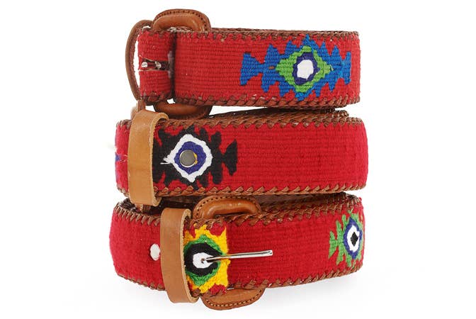 Handcrafted Guatemalan leather belts in vibrant colors with bohemian-inspired designs, perfect for adding a pop of style to any look.