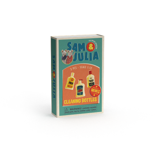 Dukkehusminiatyrer - rengjøringsmidler i fyrstikkeske (skala 1:12)