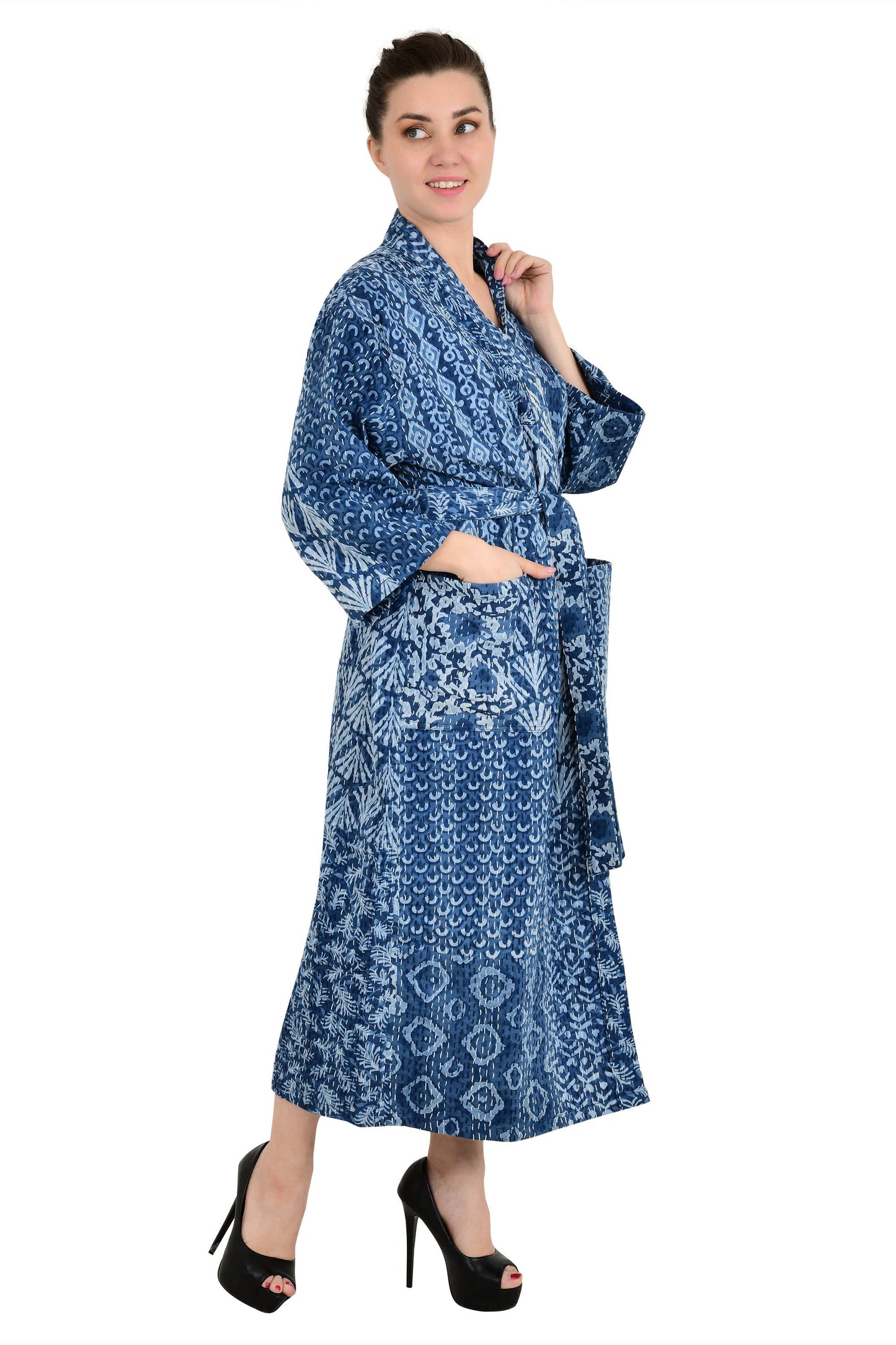 Kantha Stitch 100% bomuld Vendbar Lang Kimono Kvinder Jacke: Blue
