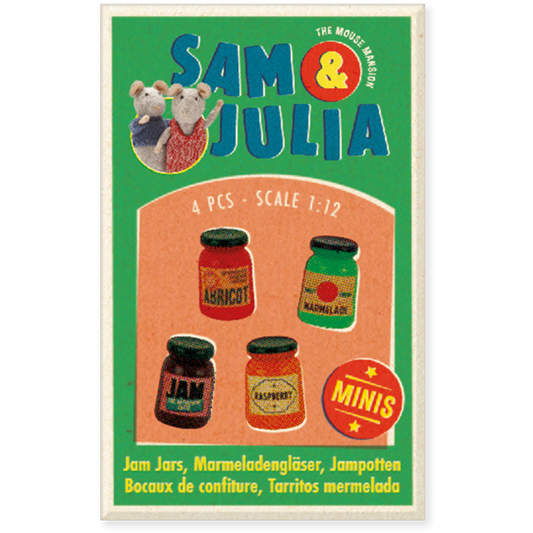 Dukkehus miniatyrer - marmeladekrukker i fyrstikkeske (skala 1:12)