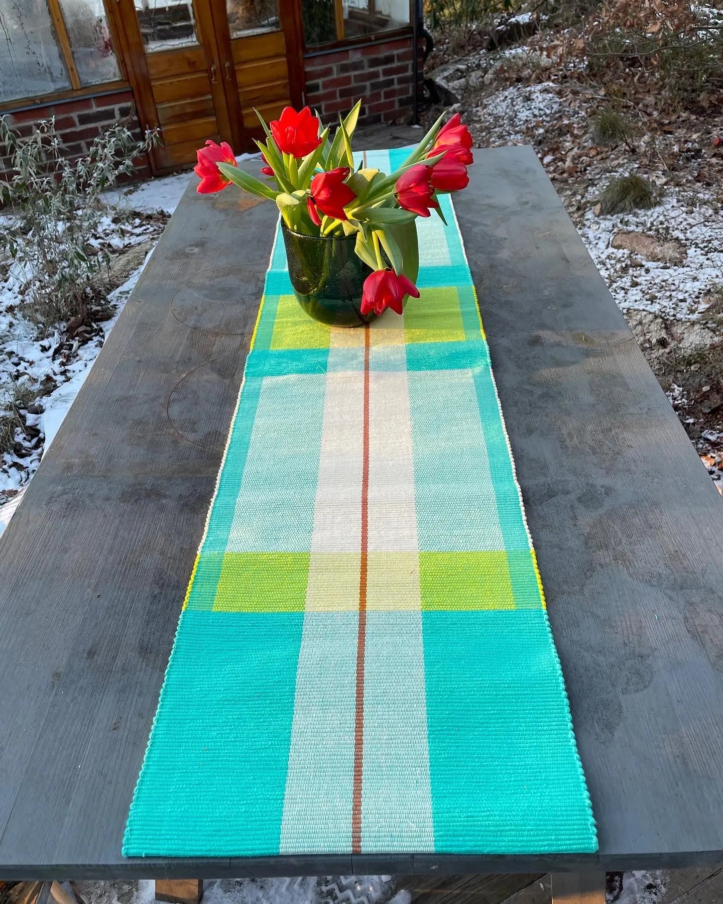 Bordløper i turkis og beige, 140x35 cm