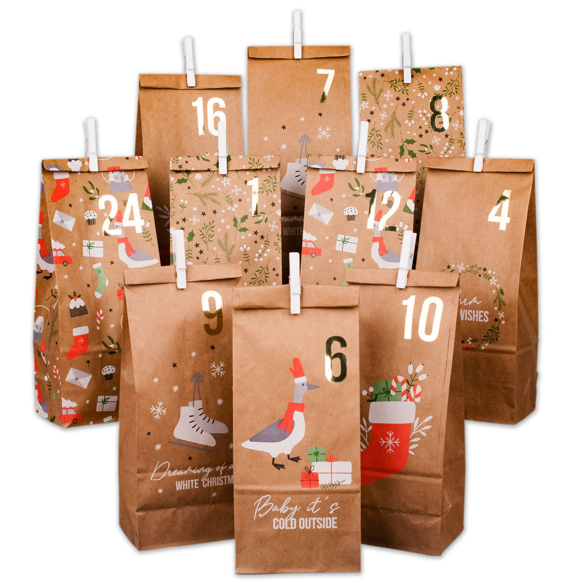 Adventskalender med papirposer og tallklistremerker