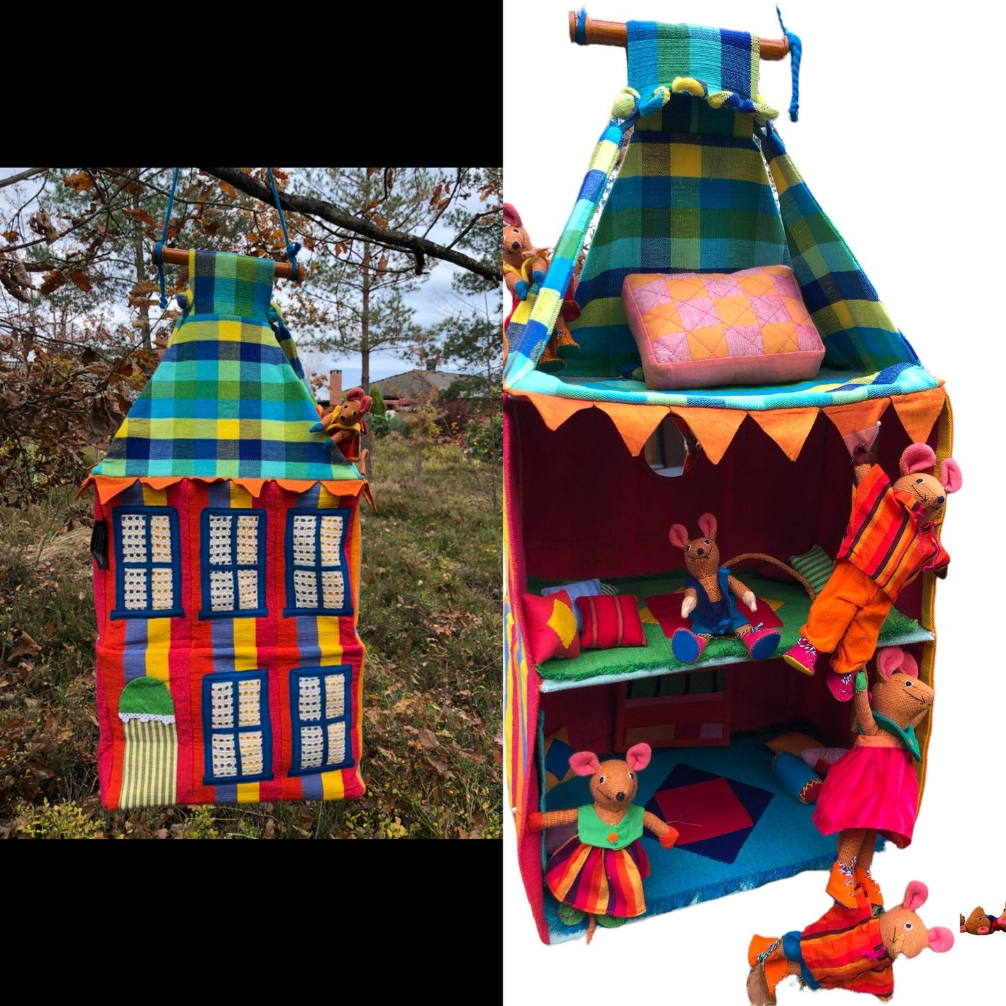 Musehus i tre etasjer. Komplett med innbo og musefamilie på seks.