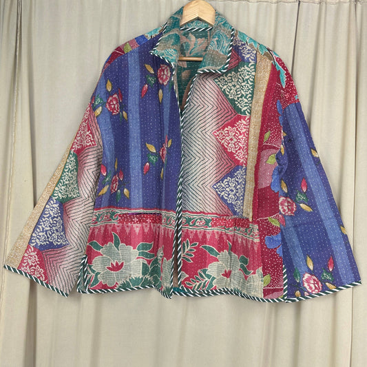 Boho vintage Kantha-jakke, kort vendbar håndsyet