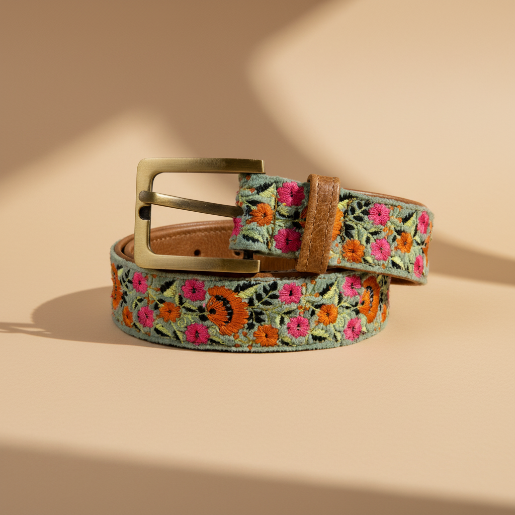 Skagit - broderet bælte str. 100, jadegrøn bund, små blomster: MULTICOLORE / PELLE, COTONE