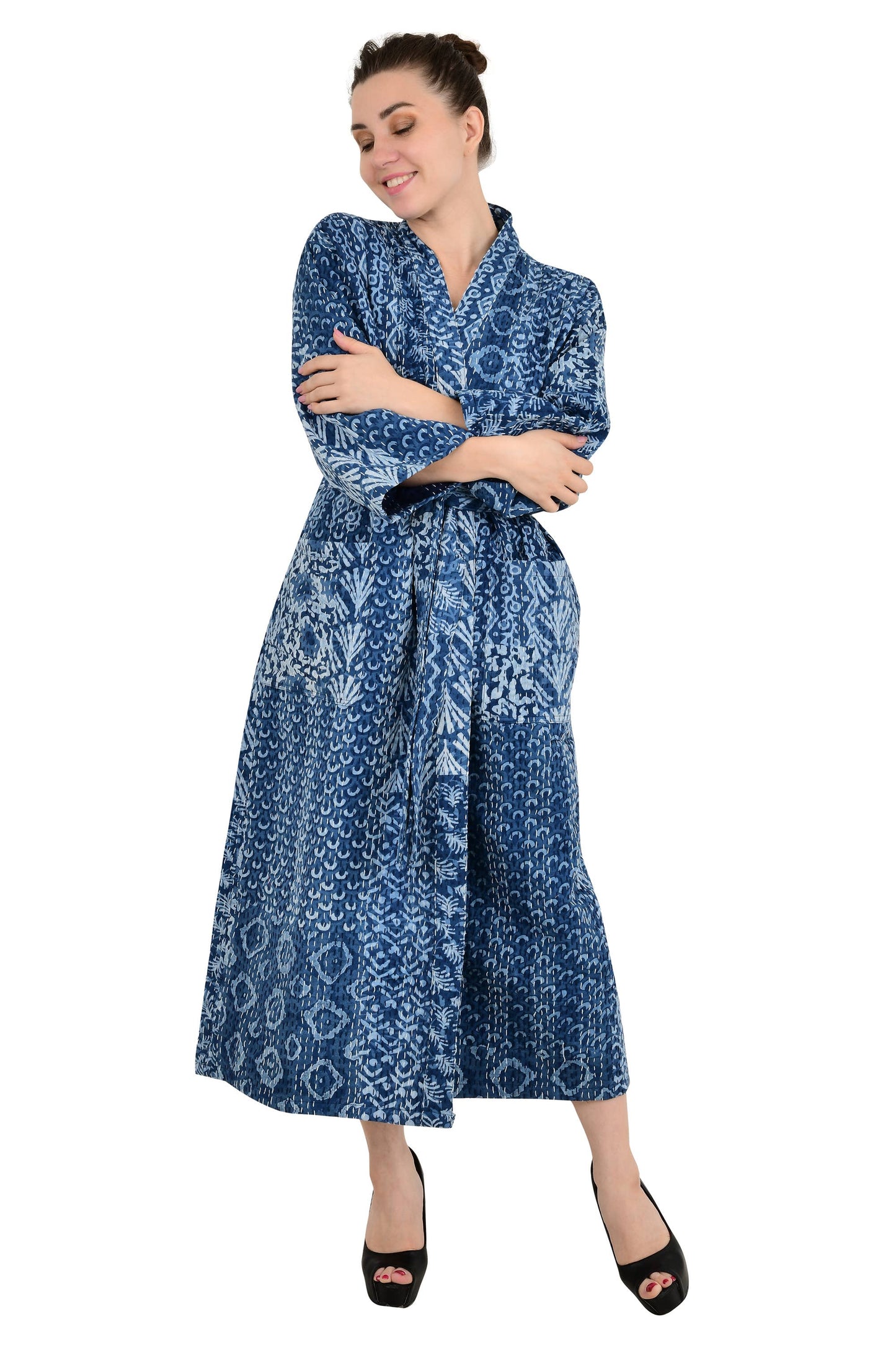 Kantha Stitch 100% bomuld Vendbar Lang Kimono Kvinder Jacke: Blue