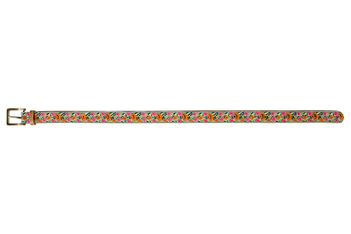Skagit - broderet bælte str. 100, jadegrøn bund, små blomster: MULTICOLORE / PELLE, COTONE