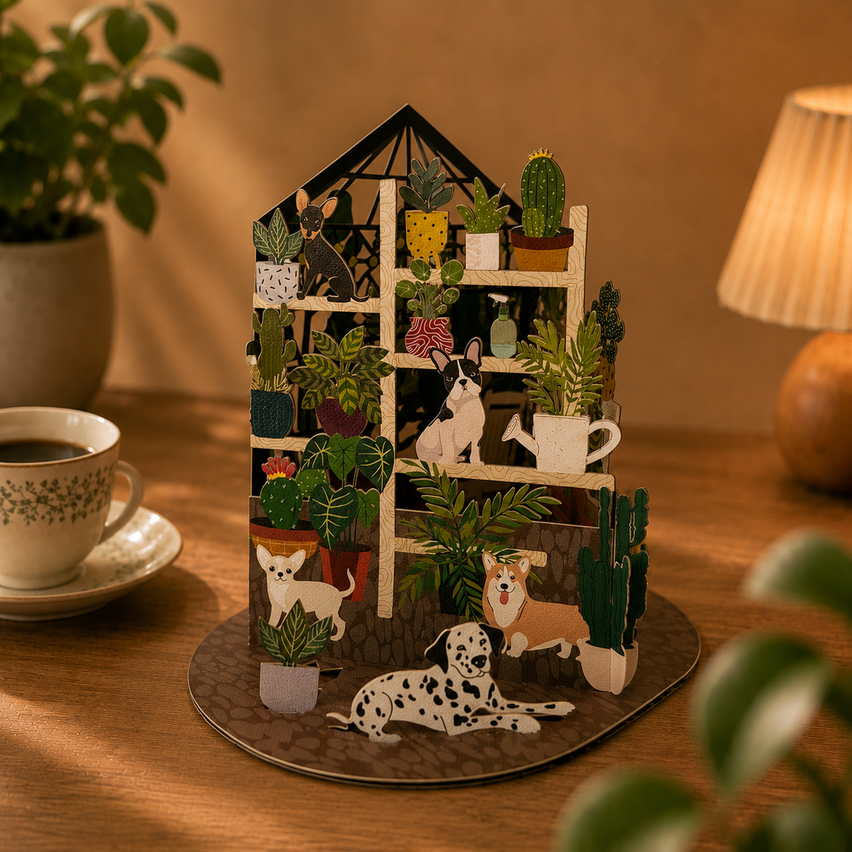 Pop-up-kort med planter, hunder og katter