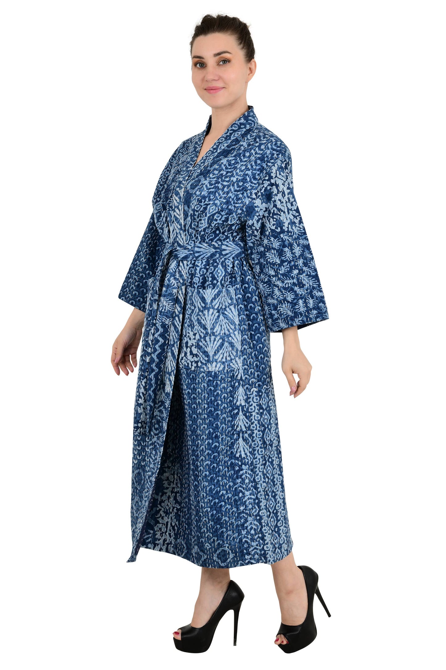 Kantha Stitch 100% bomuld Vendbar Lang Kimono Kvinder Jacke: Blue