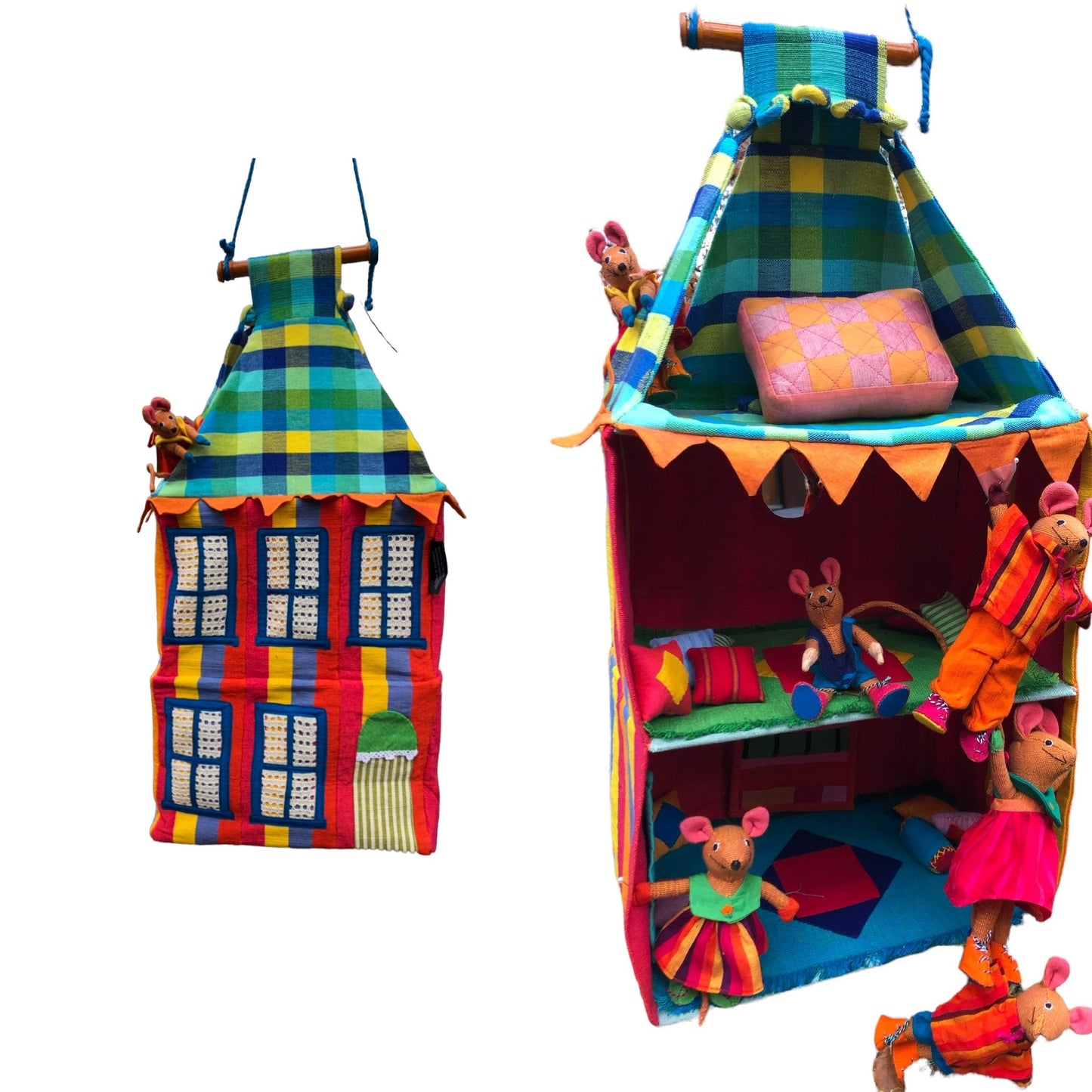 Musehus i tre etasjer. Komplett med innbo og musefamilie på seks.