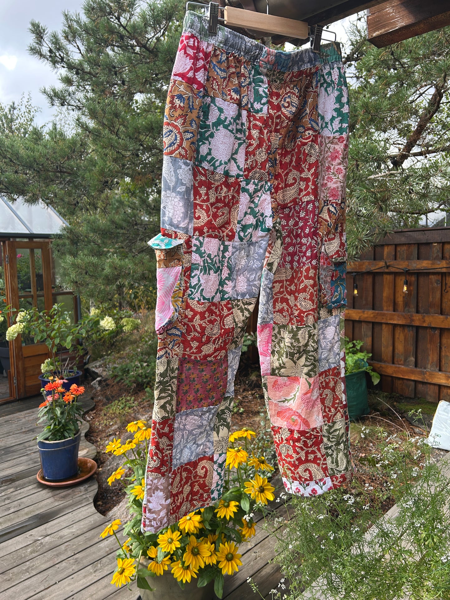 Helforet patchwork bukse, ren bomull str L-X