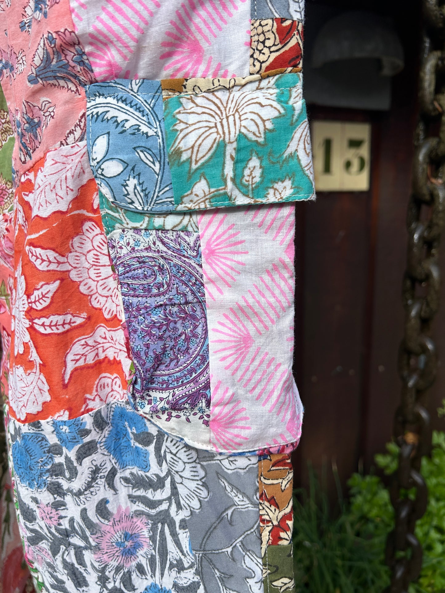 Helforet patchwork bukse, ren bomull str L-X