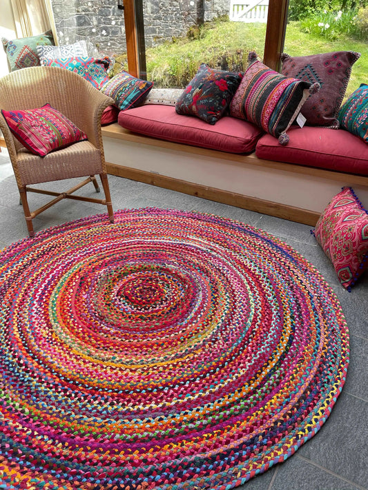 SUNDAR Round Multi Colour Rug Braided with Recycled Fabric Second Nature Online