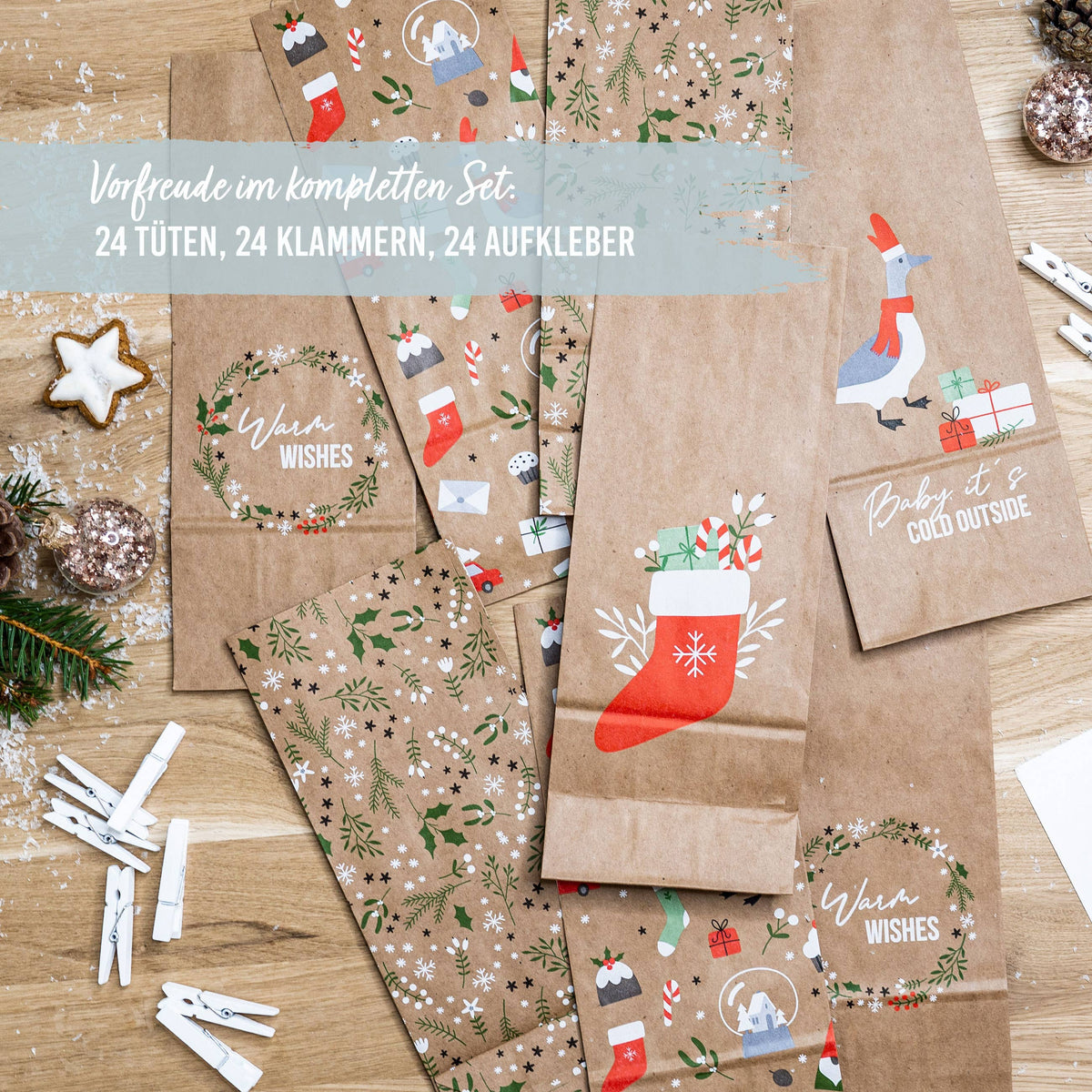 Adventskalender med papirposer og tallklistremerker