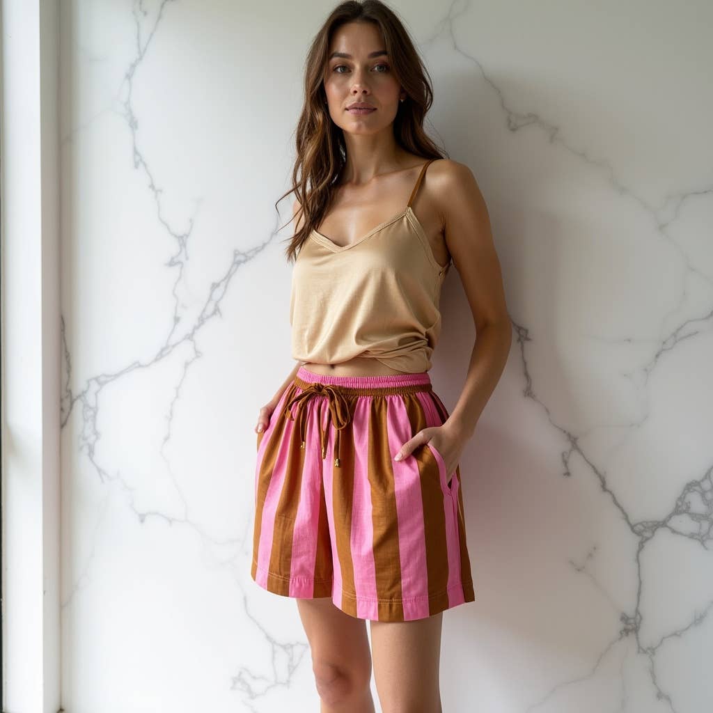 Lette bomullsshorts, brune/lyserøde striper,str   M