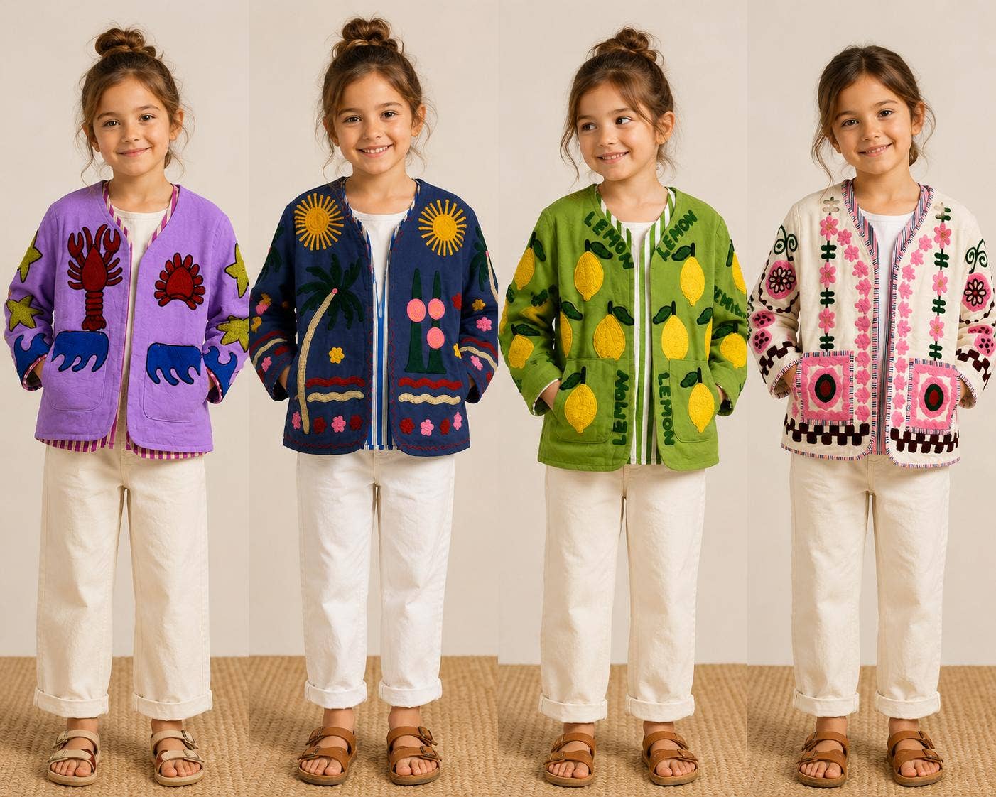 Børnejakke – broderet bomuldsjakke - 4 designs: Weiß / 3-4 (86/92)