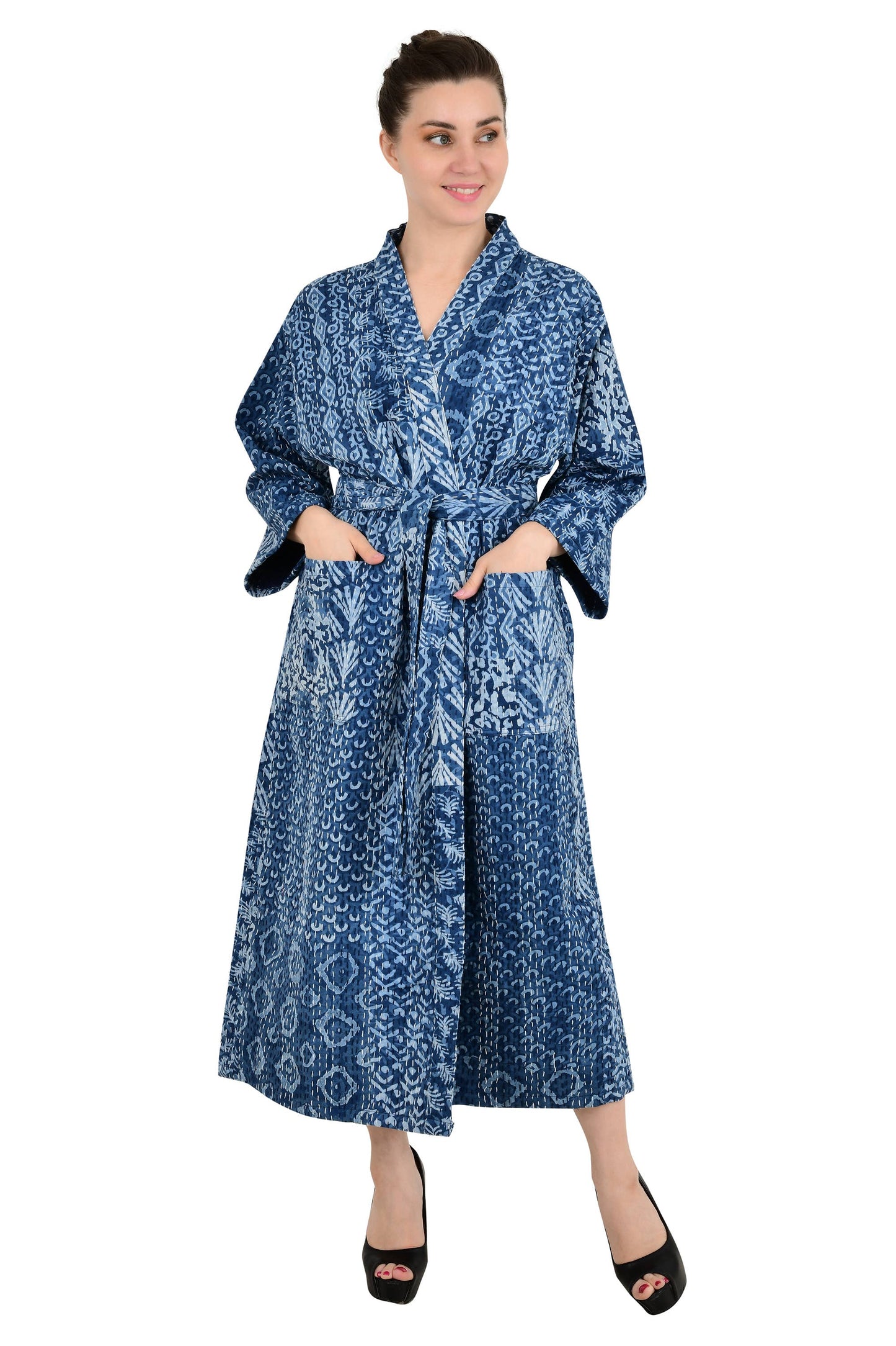 Kantha Stitch 100% bomuld Vendbar Lang Kimono Kvinder Jacke: Blue